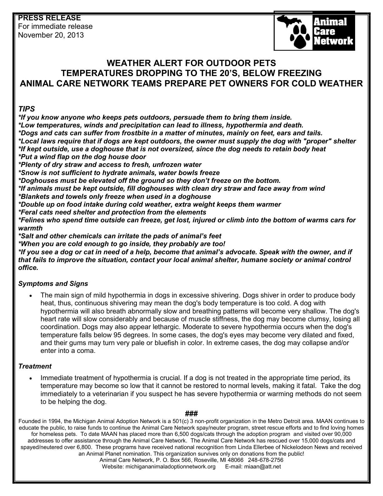 PRESS RELEASE COLD WEATHER ANIMAL CARE NETWORK 11-2013